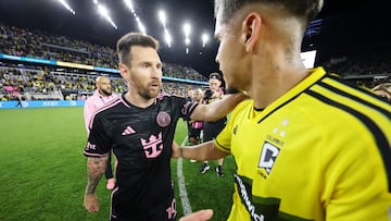 Oct 2, 2024; Columbus, Ohio, USA; Inter Miami CF forward Lionel Messi (10) embraces Columbus Crew forward Cucho Hernandez (9) after the game at Lower.com Field. Mandatory Credit: Joseph Maiorana-Imagn Images