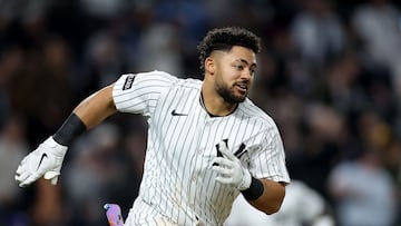 NEW YORK, NEW YORK - APRIL 15: Jasson Dom�nguez #24 of the New York Yankees hits an 3 RBI double in the sixth inning against the Kansas City Royals at Yankee Stadium on April 15, 2025 in the Bronx borough of New York City. All players are wearing the number 42 in honor of Jackie Robinson Day. Elsa/Getty Images/AFP (Photo by ELSA / GETTY IMAGES NORTH AMERICA / Getty Images via AFP)