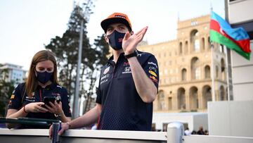 Red Bull&#039;s Dutch driver Max Verstappen talks to the media after the Formula One Azerbaijan Grand Prix at the Baku City Circuit in Baku on June 6, 2021. (Photo by NATALIA KOLESNIKOVA / AFP)