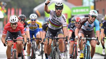 Slovakia&#039;s Peter Sagan of Bora-Hansgrohe (C) celebrates as he crosses the finish line to win before Belgium&#039;s Edward Theuns of Trek-Segafredo (L) and France&#039;s Rudy Barbier of AG2R La Mondiale (R) at the end of the third stage of the BinckBank Tour 2017 through Belgium and the Netherlands, 185 km from Blankenberge to Ardooie in Belgium, on August 9, 2017.  / AFP PHOTO / ANP / DAVID STOCKMAN / Netherlands OUT