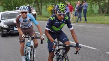 Nairo Quintana, con Quentin Jauregui en la fuga de la primera etapa de la Ruta del Sur.