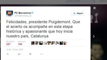 El Barça felicita al presidente de "nuestro país Cataluña"