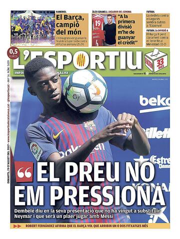 Portada de 'L'Esportiu' del martes, 29 de agosto de 2017.