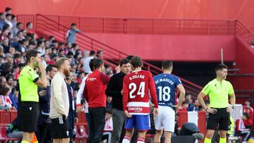 Los jugadores del Athletic Club y del Granada esperan la reanudación del partido que ha sido parado después de que una persona del público esté siendo atendida con ejercicios de reanimación este domingo, en el Nuevo Estadio de los Cármenes.