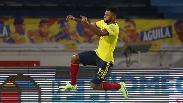 Soccer Football - World Cup - South American Qualifiers - Colombia v Argentina - Estadio Metropolitano, Barranquilla, Colombia - June 8, 2021 Colombia&#039;s Miguel Borja celebrates scoring their second goal REUTERS/Luisa Gonzalez