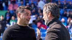 GETAFE, SPAIN - MARCH 04: Head coach Michel Sanchez of Girona FC interact with Head coach Quique Sanchez Flores of Getafe CF prior to the LaLiga Santander match between Getafe CF and Girona FC at Coliseum Alfonso Perez on March 04, 2023 in Getafe, Spain. (Photo by Angel Martinez/Getty Images)