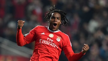 Benfica's midfielder Renato Sanches celebrates after scoring a goal during the Portuguese league football match SL Benfica vs Ass Academica de Coimbra at the Luz stadium in Lisbon on December 4, 2015.