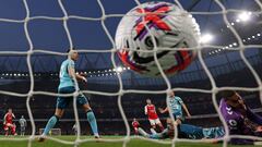 Arsenal's Brazilian midfielder Gabriel Martinelli reacts after scoring their first goal during the English Premier League football match between Arsenal and Southampton at the Emirates Stadium in London on April 21, 2023. (Photo by Adrian DENNIS / AFP) / RESTRICTED TO EDITORIAL USE. No use with unauthorized audio, video, data, fixture lists, club/league logos or 'live' services. Online in-match use limited to 120 images. An additional 40 images may be used in extra time. No video emulation. Social media in-match use limited to 120 images. An additional 40 images may be used in extra time. No use in betting publications, games or single club/league/player publications. / 