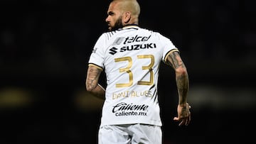 Dani Alves of Pumas gestures during their Mexican Apertura 2022 tournament football match at the University Olympic stadium in Mexico City on July 27, 2022. (Photo by CLAUDIO CRUZ / AFP)