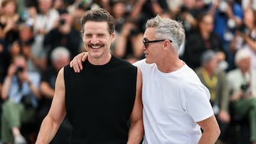 Cast member Pedro Pascal reacts as he and Joaquin Phoenix pose during a photocall for the film "Eddington" in competition at the 78th Cannes Film Festival in Cannes, France, May 17, 2025. REUTERS/Stephane Mahe