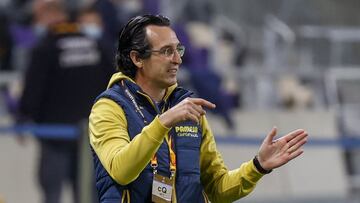 Villarreal&#039;s Spanish coach Unai Emery reacts during the UEFA Europa League group I football match between Maccabi Tel Aviv and Villarreal CF at the Bloomfield stadium in the Israeli city of Tel Aviv, on November 26, 2020. (Photo by JACK GUEZ / AFP)