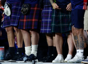 General view of kilts worn by Scotland fans 