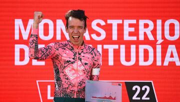 MONASTERIO DE TENTUDÍA, SPAIN - SEPTEMBER 07: Rigoberto Uran Uran of Colombia and Team EF Education - Easypost celebrates at podium as stage winner during the 77th Tour of Spain 2022, Stage 17 a 162,4km stage from Aracena to Monasterio de Tentudía 1095m / #LaVuelta22 / #WorldTour / on September 07, 2022 in Monasterio de Tentudía, Spain. (Photo by Tim de Waele/Getty Images)