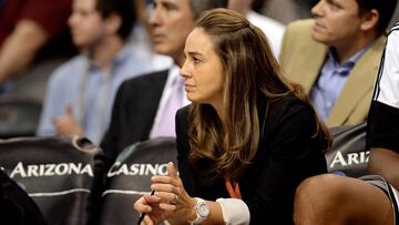 Oct 16, 2014; Phoenix, AZ, USA; San Antonio Spurs assistant coach Becky Hammon watches the game against the Phoenix Suns from the sidelines at US Airways Center. The Suns won 121-90. Mandatory Credit: Jennifer Stewart-USA TODAY Sports