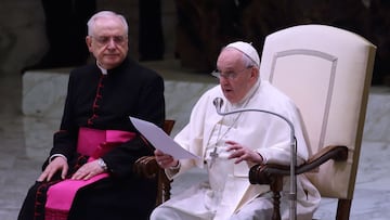 13 April 2022, Vatican, Vatican City: Pope Francis leads his Wednesday general Audience in St. Paul Hall at the Vatican. Photo: Evandro Inetti/ZUMA Press Wire/dpa
Evandro Inetti/ZUMA Press Wire/d / DPA
13/4/2022 ONLY FOR USE IN SPAIN