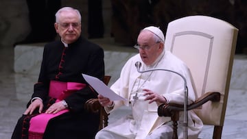 13 April 2022, Vatican, Vatican City: Pope Francis leads his Wednesday general Audience in St. Paul Hall at the Vatican. Photo: Evandro Inetti/ZUMA Press Wire/dpa
 Evandro Inetti/ZUMA Press Wire/d / DPA
 13/4/2022 ONLY FOR USE IN SPAIN