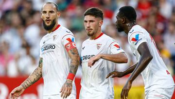 Nemanja Gudelj, Jose Angel Carmona and Tanguy Nianzou of Sevilla FC  during the La Liga match between Sevilla FC and Valencia CF played at Sanchez Pizjuan Stadium on October 18, 2022 in Sevilla, Spain. (Photo by Antonio Pozo / Pressinphoto / Icon Sport)