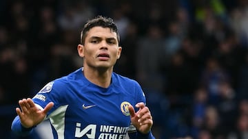 Chelsea's Brazilian defender #06 Thiago Silva celebrates after scoring his team second goal during the English Premier League football match between Chelsea and Wolverhampton Wanderers at Stamford Bridge in London on February 4, 2024. (Photo by Ben Stansall / AFP) / RESTRICTED TO EDITORIAL USE. No use with unauthorized audio, video, data, fixture lists, club/league logos or 'live' services. Online in-match use limited to 120 images. An additional 40 images may be used in extra time. No video emulation. Social media in-match use limited to 120 images. An additional 40 images may be used in extra time. No use in betting publications, games or single club/league/player publications. / 