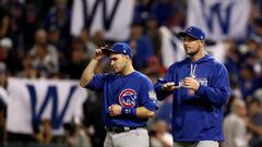 CLEVELAND, OH - NOVEMBER 01: Miguel Montero #47 and Jon Lester #34 of the Chicago Cubs react after defeating the Cleveland Indians 9-3 to win Game Six of the 2016 World Series at Progressive Field on November 1, 2016 in Cleveland, Ohio.   Elsa/Getty Images/AFP
 == FOR NEWSPAPERS, INTERNET, TELCOS &amp; TELEVISION USE ONLY ==