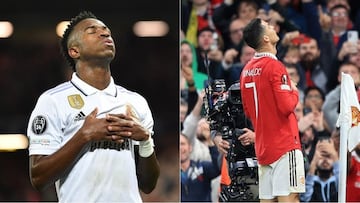 Vinicius imitando la celebración de Cristiano Ronaldo en Anfield, en el partido de ida de los octavos de final de la Champions de la temporada 22-23.