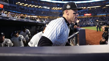 NEW YORK, NEW YORK - OCTOBER 30: Aaron Judge #99 of the New York Yankees looks out from the dugout prior to Game Five of the 2024 World Series against the Los Angeles Dodgers at Yankee Stadium on October 30, 2024 in the Bronx borough of New York City. Elsa/Getty Images/AFP (Photo by ELSA / GETTY IMAGES NORTH AMERICA / Getty Images via AFP)