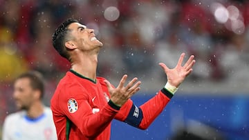 Portugal's forward #07 Cristiano Ronaldo reacts during the UEFA Euro 2024 Group F football match between Portugal and the Czech Republic at the Leipzig Stadium in Leipzig on June 18, 2024. (Photo by PATRICIA DE MELO MOREIRA / AFP)