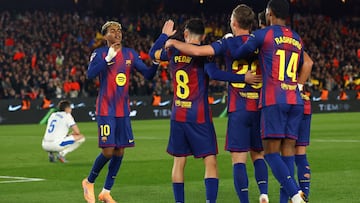 Soccer Football - LaLiga - FC Barcelona v Deportivo Alaves - Spotify Camp Nou, Barcelona, Spain - November 29, 2025 FC Barcelona's Dani Olmo celebrates scoring their third goal with teammates REUTERS/Albert Gea