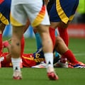 Spain's midfielder #20 Pedri lies on the pitch after colliding with Germany's midfielder #08 Toni Kroos (unseen) during the UEFA Euro 2024 quarter-final football match between Spain and Germany at the Stuttgart Arena in Stuttgart on July 5, 2024. (Photo by Fabrice COFFRINI / AFP)