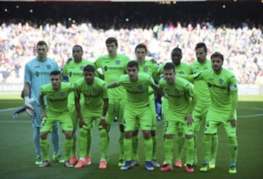 El once inicial del Getafe. De pie: Guaita, Álvaro Pereira, Vergini, Scepovic, Yoda y Juan Antonio Rodríguez. Agachados: Emi, Wanderon, Velázquez, Álvaro Medrán y Pedro León.
