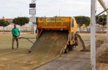 Un operario trabaja en el césped. 