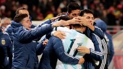 Soccer Football - International Friendly - Morocco v Argentina - Stade Ibn Batouta, Tangier, Morocco - March 26, 2019  Argentina&#039;s Angel Correa celebrates scoring their first goal with team mates     REUTERS/Youssef Boudlal