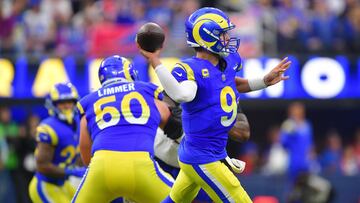 Dec 8, 2024; Inglewood, California, USA; Los Angeles Rams quarterback Matthew Stafford (9) throws against the Buffalo Bills during the second half at SoFi Stadium. Mandatory Credit: Gary A. Vasquez-Imagn Images