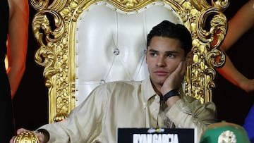 NEW YORK, NEW YORK - FEBRUARY 27: Ryan Garcia sits on a makeshift throne during the press conference for his fight against Devin Haney at Palladium Times Square on February 27, 2024 in New York City. Haney will be defending his WBC Super Lightweight title against Garcia when they fight at the Barclay Center on April 20, 2024 in New York City   Al Bello/Getty Images/AFP (Photo by AL BELLO / GETTY IMAGES NORTH AMERICA / Getty Images via AFP)