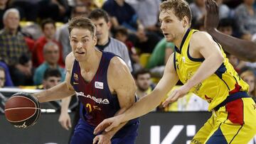 GRAF9719. BARCELONA, 05/05/2018.- El base finland&eacute;s del Barcelona Lassa, Petteri Koponen (i), protege el bal&oacute;n ante el alero esloveno del Morabanc Andorra, Jaka Blazic, durante el partido jugado hoy en el Palau Blaugrana de Barcelona, corres