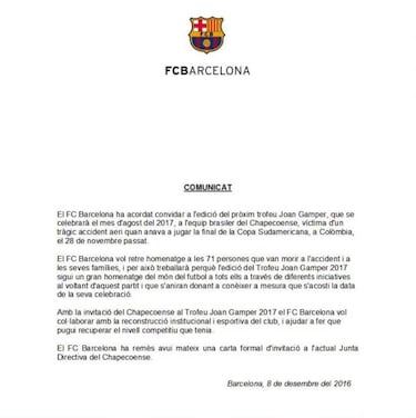 Barcelona invite Chapecoense to play next year's Trofeo Gamper