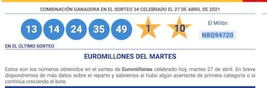 Euromillones: comprobar los resultados del sorteo de hoy, martes 27 de abril