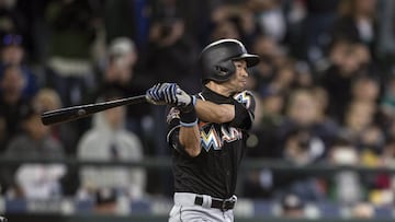 SEATTLE, WA - APRIL 19: Ichiro Suzuki #51 of the Miami Marlins hits a solo home run off of relieft pitcher Evan Marshall #41 of the Seattle Mariners during the ninth inningof a game at Safeco Field on April 19, 2017 in Seattle, Washington. The Marins 10-5.   Stephen Brashear/Getty Images/AFP
 == FOR NEWSPAPERS, INTERNET, TELCOS &amp; TELEVISION USE ONLY ==