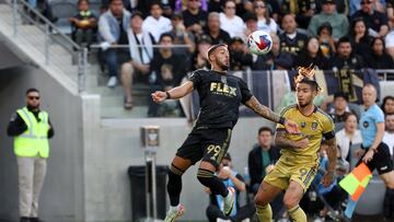 Oct 1, 2023; Los Angeles, California, USA; Los Angeles FC forward Denis Bouanga (99) controls the ball in the air against Real Salt Lake forward Cristian Arango (9) during the first half at BMO Stadium. Mandatory Credit: Kiyoshi Mio-USA TODAY Sports