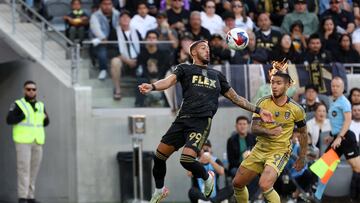 Oct 1, 2023; Los Angeles, California, USA;  Los Angeles FC forward Denis Bouanga (99) controls the ball in the air against Real Salt Lake forward Cristian Arango (9) during the first half at BMO Stadium. Mandatory Credit: Kiyoshi Mio-USA TODAY Sports