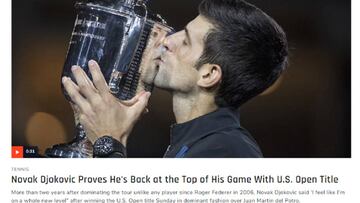 Imagen de la web de Sports Illustrated con la noticia del triunfo de Novak Djokovic en la final del US Open ante Juan Mart&iacute;n del Potro.