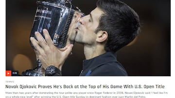 Imagen de la web de Sports Illustrated con la noticia del triunfo de Novak Djokovic en la final del US Open ante Juan Mart&iacute;n del Potro.