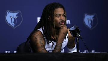 MEMPHIS, TENNESSEE - SEPTEMBER 29: Ja Morant #12 of the Memphis Grizzlies speaks at a news conference during the Memphis Grizzlies Media Day at FedExForum on September 29, 2025 in Memphis, Tennessee. NOTE TO USER: User expressly acknowledges and agrees that, by downloading and or using this photograph, User is consenting to the terms and conditions of the Getty Images License Agreement. Justin Ford/Getty Images/AFP (Photo by Justin Ford / GETTY IMAGES NORTH AMERICA / Getty Images via AFP)