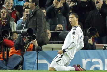 Cristiano Ronaldo celebrates scoring for Real Madrid at the Camp Nou in February 2013.