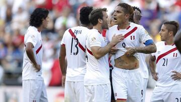 Jun 4, 2016; Seattle, WA, USA; Peru forward Jose Paolo Guerrero (9) yells after being stepped on by a Haiti player during the second half of the group play stage of the 2016 Copa America Centenario at Century Link Field. Peru won 1-0. Mandatory Credit: Jennifer Buchanan-USA TODAY Sports