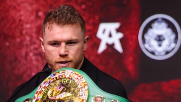 Mexico's Canelo Alvarez speaks during a press conference in Riyadh on May 1, 2025, ahead of his super middleweight boxing match against Cuba's William Scull. (Photo by Fayez NURELDINE / AFP)