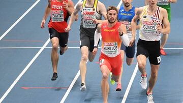 Spain&#039;s Oscar Husillos competes in the men&#039;s 400m heats at the 2021 European Athletics Indoor Championships in Torun on March 5, 2021. (Photo by Sergei GAPON / AFP)