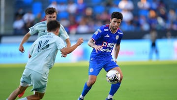 Aug 7, 2025; Carson, CA, USA; Cruz Azul midfielder Carlos Rodriguez (19) moves the ball against Colorado Rapids forward Alex Harris (16) during the second half at Dignity Health Sports Park. Mandatory Credit: Gary A. Vasquez-Imagn Images