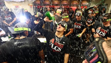 Oct 11, 2023; Phoenix, Arizona, USA; Arizona Diamondbacks center fielder Alek Thomas (5) reacts in the locker room with teammates after defeating the Los Angeles Dodgers in game three of the NLDS for the 2023 MLB playoffs at Chase Field. Mandatory Credit: Mark J. Rebilas-USA TODAY Sports