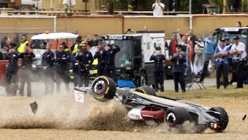 NORTHAMPTON - Guanyu Zhou (24) driving the Alfa Romeo C40 crashes during the F1 Grand Prix of Great Britain at Silverstone on July 3, 2022 in Northampton, England. REMKO DE WAAL (Photo by ANP via Getty Images)