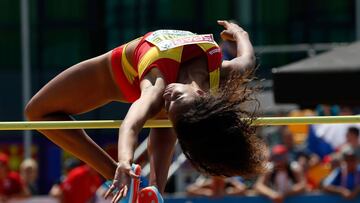 GYOR, HUNGARY - JULY 05: Maria Vicente of Spain jumps at the high jump of the heptathlon competition during European Athletics U18 European Championship on July 5, 2018 in Gyor, Hungary. (Photo by Laszlo Balogh/Getty Images for European Athletics)